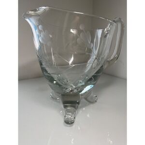 VINTAGE HANDBLOWN 3-FOOTED ETCHED APPLIED HANDLE FLOWER & VINE PATTERN PITCHER